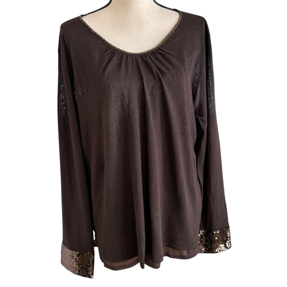 Talbots Plus 2X Dressy Knit Top Brown Shimmer Sequin Cuffs Attached Cami
